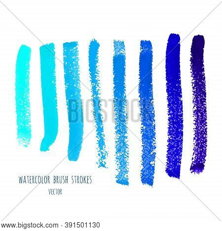 Set Of Vector Navy, Turquoise Blue Watercolor Hand Painted Gradient Stripes Isolated On White. Abstr