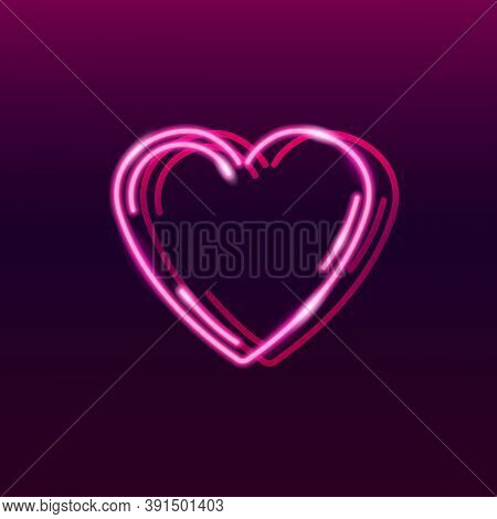 Neon Pink Heart On Dark Purple Gradientbackground. Alentines Day Or Love Concept.