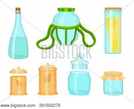 Set Of Glass Conteiners For Liquid And Wood Bulk Conteiner With Caps, Leaf Logo, Recycling, Zero Was