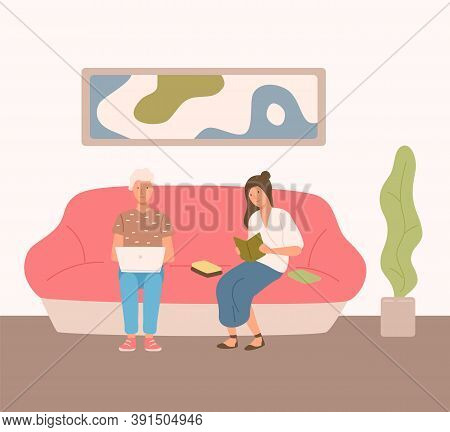 Couple Spending Time At Home Sitting On Couch Vector Flat Illustration. Woman Reading Book. Man Surf