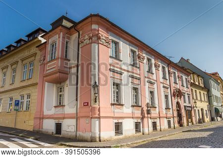 Litomerice, Czech Republic - September 12, 2020: Colorful Houses At A Cobblestoned Street In Litomer