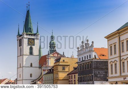 Litomerice, Czech Republic - September 12, 2020: Colorful Houses And Tower Of The All Saints Church 