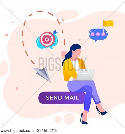Email Message Concept. Woman Communicates Online Using Computer And Internet Technologies. Office Wo