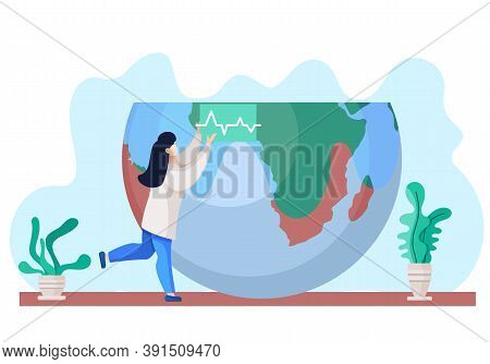 Woman In White Coat, Environmental Investigator Or Chemical Researcher Near The Globe Standing Raise