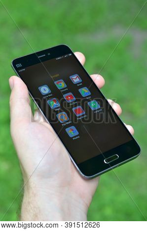 Kiev, Ukraine - June 8, 2016: Smartphone Xiaomi Mi 5 With Google Applications On The Screen. Chinese