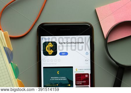 New York, Usa - 26 October 2020: Corte Costituzionale Mobile App Logo On Phone Screen Close Up, Illu