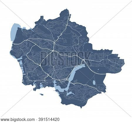 Plymouth Map. Detailed Vector Map Of Plymouth City Administrative Area. Cityscape Poster Metropolita