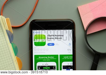 New York, Usa - 26 October 2020: Advfn Realtime Stocks Bitcoin Mobile App Logo On Phone Screen Close