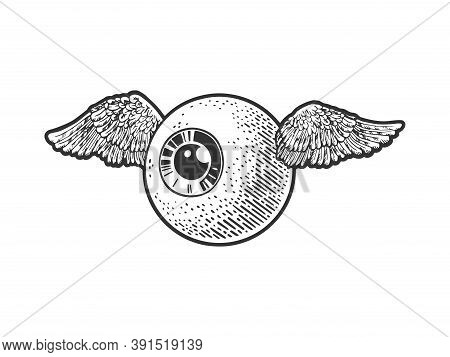 Flying Eye Eyeball Sketch Engraving Vector Illustration. T-shirt Apparel Print Design. Scratch Board