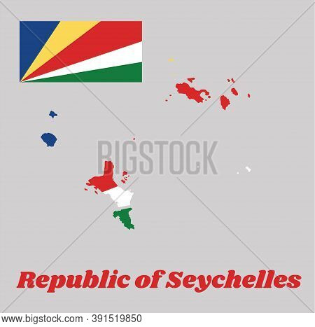 Map Outline And Flag Of Seychelles, Five Oblique Bands Of Blue, Yellow, Red, White And Green Radiati