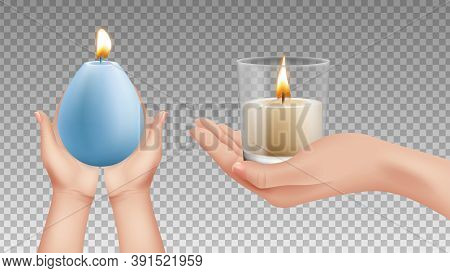 Hands Holding Candles. Realistic Lights, Religion Symbols. Holiday Decorative Lighting Vector Elemen