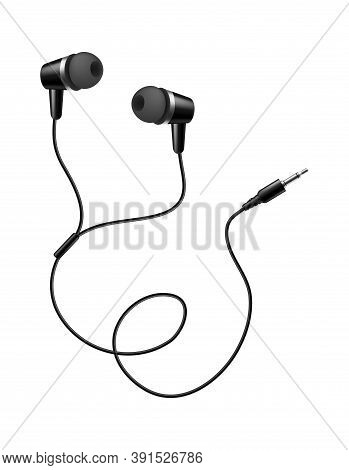 Music Earphones. Realistic Black Stereo Audio Headphone, Electronic Personal Small Portable Sound Ea