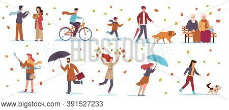 People In Autumn Park. Characters In Fall Season Walking With Dog, Riding Bicycle, Family With Umbre