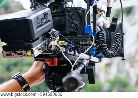 Behind The Scene. Cameraman Shooting Film Scene With Camera