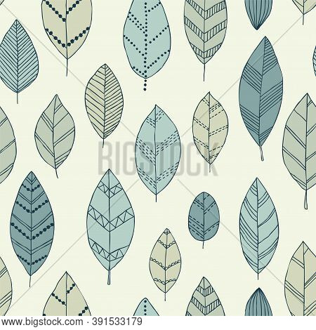 Beautiful Seamless Doodle Pattern With Vintage Leaves Sketch. Design Background Greeting Cards And I