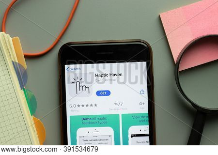 New York, Usa - 26 October 2020: Haptic Haven Mobile App Logo On Phone Screen Close Up, Illustrative