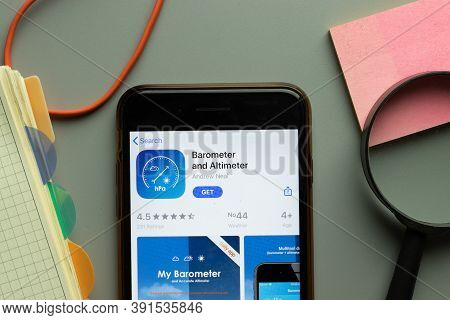New York, Usa - 26 October 2020: Barometer And Altimeter Mobile App Logo On Phone Screen Close Up, I