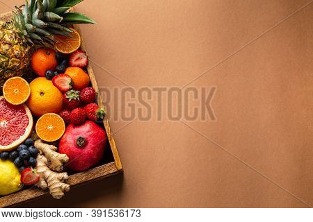 Selection Of Fresh Fruit With Vitamin C, Natural Ingredients To Boost Immune System. Organic Food Fo