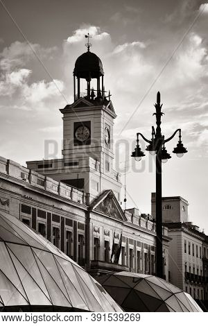Bell tower of Royal House of the Post Office (Real Casa de Correos) in Puerta del Sol in Madrid, Spain.