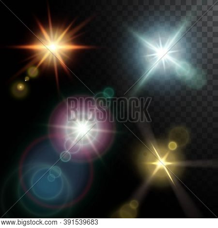 Realistic Lens Flares Beams Of Golden Pink Blue Orange Colors On Black Half Transparent Background V
