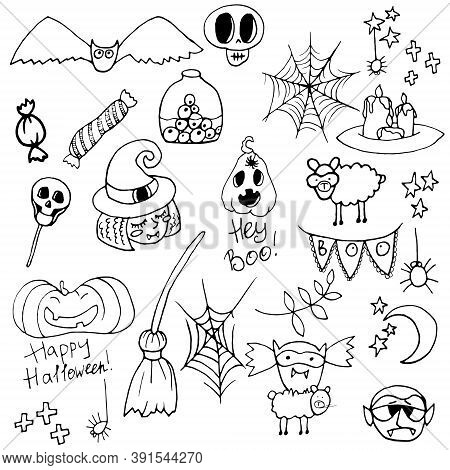 Halloween Illustration Vector Collection. Cute Clip Art Set In Spooky Theme. Autumn October Holiday 