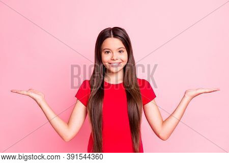 Photo Of Lovely Sweet Positive Small Lady Long Hairstyle Raise Two Palms Arms Holding Empty Space Be
