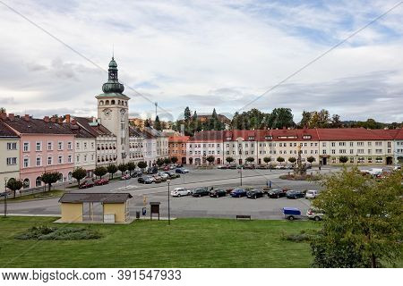 Fulnek, Czech Republic - October 7, 2020: The Main Komensky Town Square (namesti Komenskeho) In The 