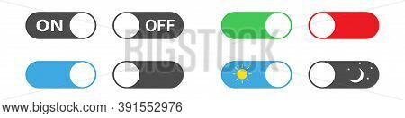On And Off Toggle Switcher. Isolated Power Slider In Green And Red. Day And Night Pictogram. Active 