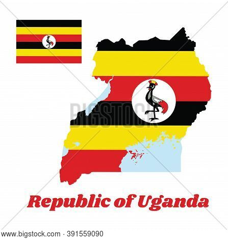 Map Outline And Flag Of Uganda, Horizontal Bands Of Black Yellow And Red ; A White Disc Depicts The 