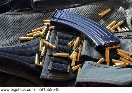 Ammunition 7,62*39.Tactical unloading vest as background. October 23, 2020.Kiev,Ukraine