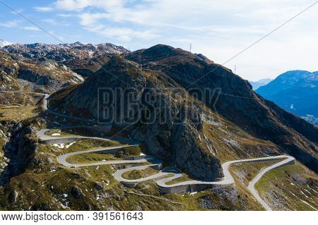 Tremola road on the Gotthard Pass in the Swiss mountains. Sunny day, nobody inside