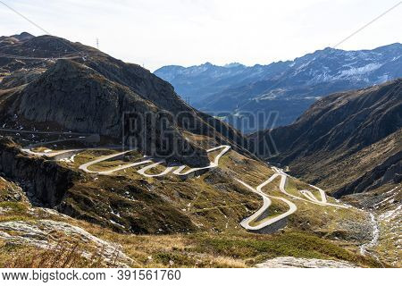 Tremola road on the Gotthard Pass in the Swiss mountains. Sunny day, nobody inside