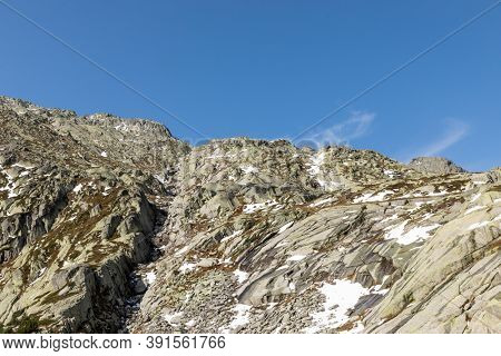 Beautiful panorama of the Gotthard Pass in the Swiss mountains in Ticino. Sunny day, nobody inside