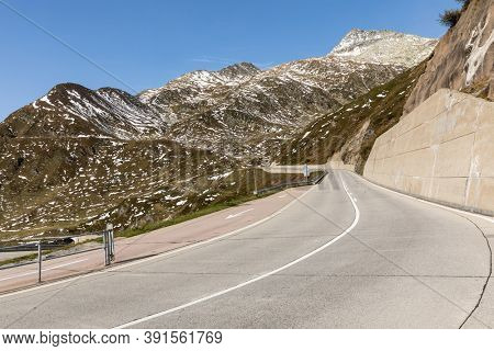 Beautiful panorama of the Gotthard Pass in the Swiss mountains in Ticino. Sunny day, nobody inside