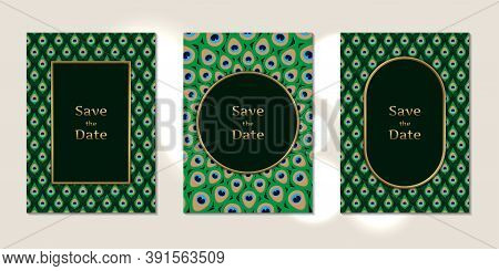 Wedding Invitation Cards Peacock Feathers Pattern With Gold Frame Template