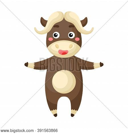 Cute Funny Musk Ox Print On White Background. Woodland Cartoon Animal Character For Design Of Album,