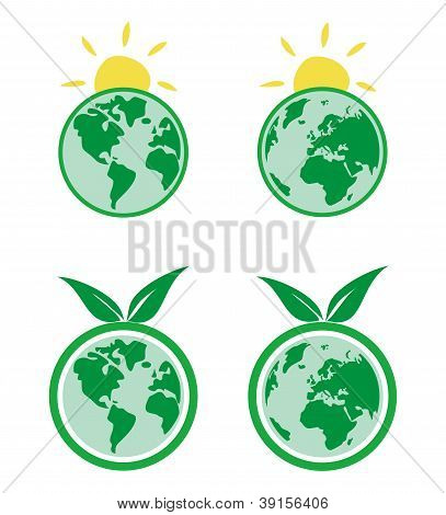 Vektor økologi ikoner tegn eller symbol med jorden, grønt træ, blad og solen