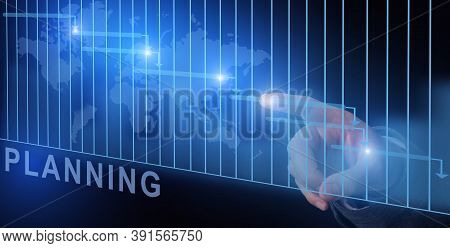 Planning Concept. Businessman Hand Touching Virtual Screen With Gantt Chart, Updating Tasks Schedule