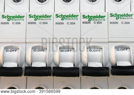 Kharkov, Ukraine - October 08, 2020 : Schneider Electric Circuit Breakers On White Background. Schne