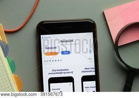 New York, Usa - 26 October 2020: Rabobank Mobile App Logo On Phone Screen Close Up, Illustrative Edi