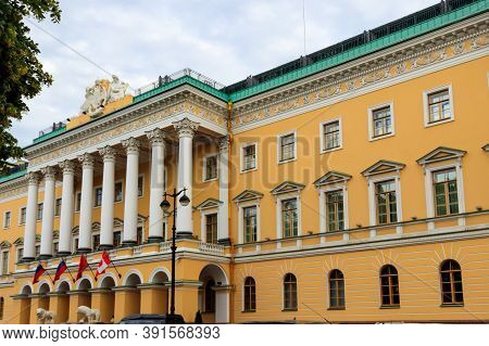 Facade Of Lobanov-rostovsky Palace, Also Known As House With Lions In St. Petersburg, Russia. Constr