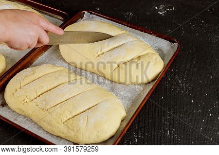 Baker Cuts Homemade Uncooked Bread Dough On Rack Ready For Baking.