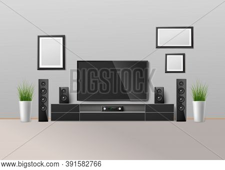 Home Cinema Theater System In Interior, Realistic Template Vector Illustration.