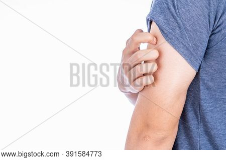 Male Scratching His Arm Isolated White Background. Medical, Healthcare For Advertising Concept.