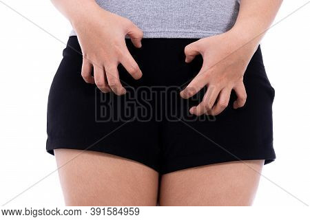 Woman Hands Scratching Her Crotch Isolated White Background. Medical, Healthcare For Advertising Con