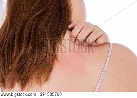 Female Scratching Her Back Isolated White Background. Medical, Healthcare For Advertising Concept.