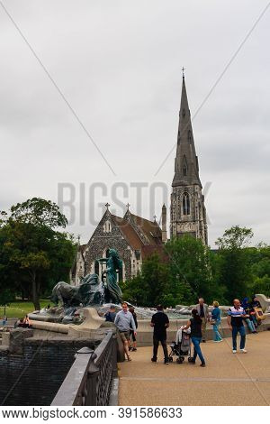 Copenhagen /denmark, Jule 14 2019. St. Alban's Church And Gefion Fountain In Copenhagen, Denmark