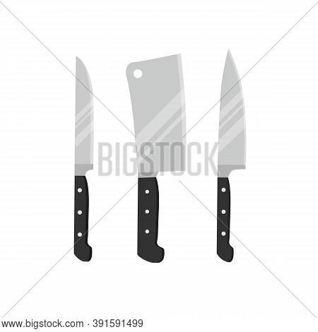Set Of Different Of Knives Isolated On White Background. Kitchen Utensils In Flat Style. Vector Stoc