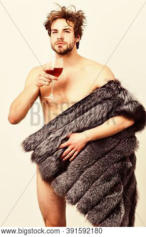 Rich Athlete Enjoy His Life. Richness And Luxury Concept. Sexy Sleepy Rich Macho Tousled Hair Drink 