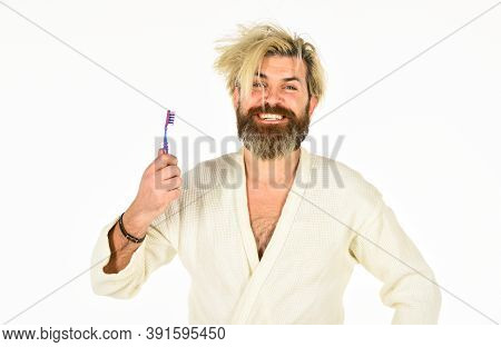 Relaxed Man In White Terry Bathrobe. Morning Portrait Of Bearded Man. Man Spend Day Off At Home. Car